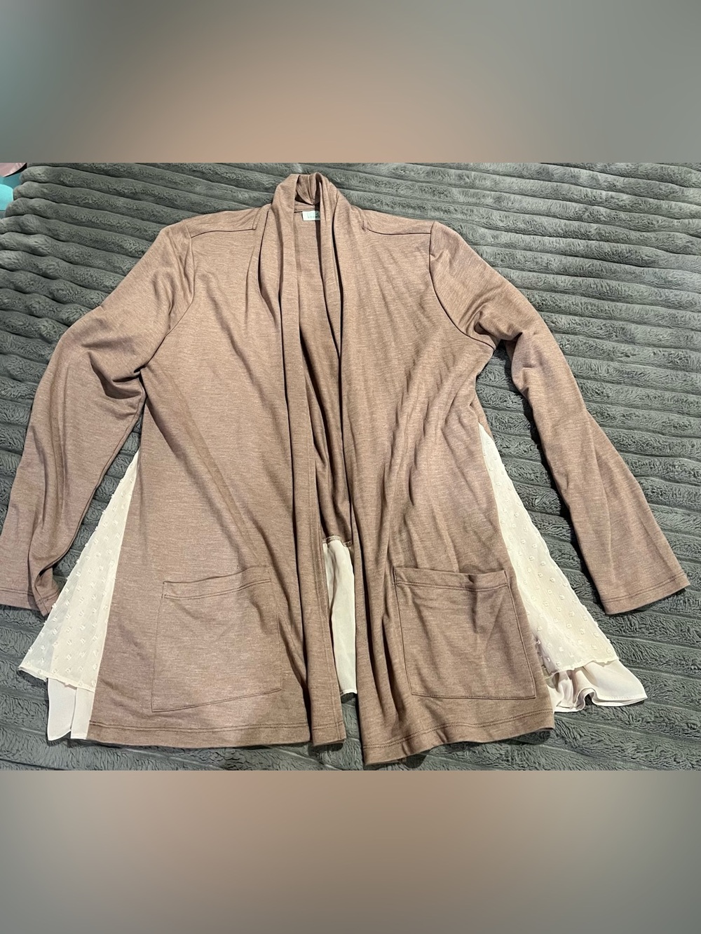 LOGO LOUNGE LORI GOLDSTEIN OPEN CARDIGAN LIGHT BROWN BEIGE CHIFFON LAYER MEDIUM